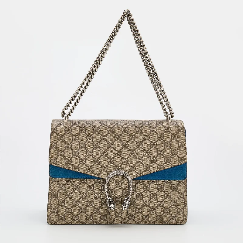 Ladies Gucci handbags with a detachable coin purse insideGucci Beige/Blue GG Supreme Canvas and Suede Medium Dionysus Shoulder Bag