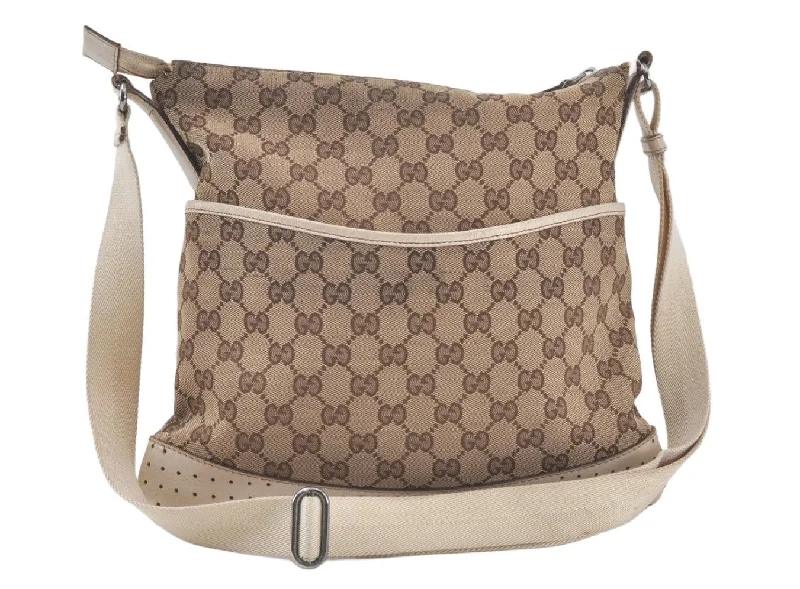 Women Gucci bags with a chain - link trim and a leather bodyAuthentic GUCCI Shoulder Cross Body Bag GG Canvas Leather 145857 Brown 6804K