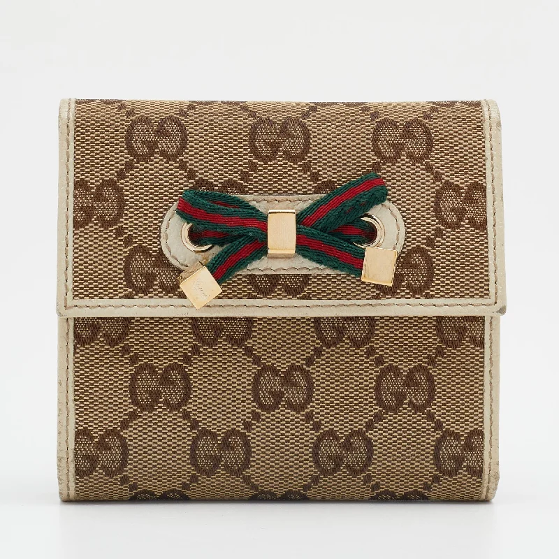 Women Gucci bags with a front - flap pocket for quick - access itemsGucci Beige/Off White GG Canvas And Leather Princy Compact Trifold Wallet