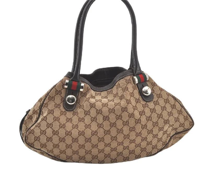 Ladies Gucci handbags with a detachable coin purse insideAuth GUCCI Web Sherry Line Match Ball Tote Bag GG Canvas Leather Brown 6877K