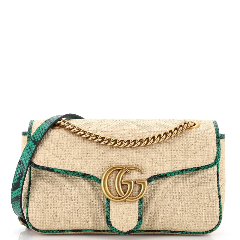 Gucci tote bags for women with a double - handle designGG Marmont Flap Bag Matelasse Raffia with Snakeskin Small