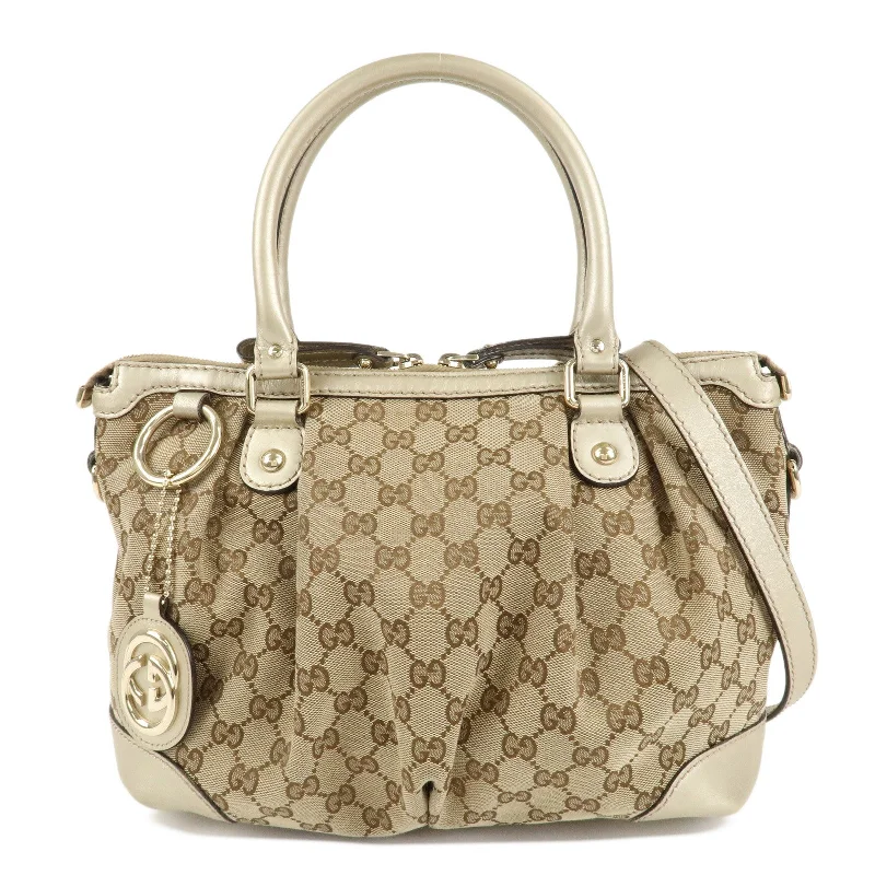 Women Gucci bags with interlocking G hardware for a classic lookGUCCI Sukey GG Canvas Leather 2Way Shoulder Bag Beige Gold 247902