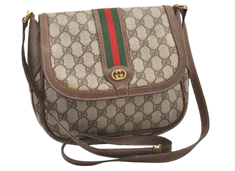 Gucci backpacks for women with a sleek silhouetteAuthentic GUCCI Web Sherry Line Shoulder Cross Bag GG PVC Leather Brown 6881K