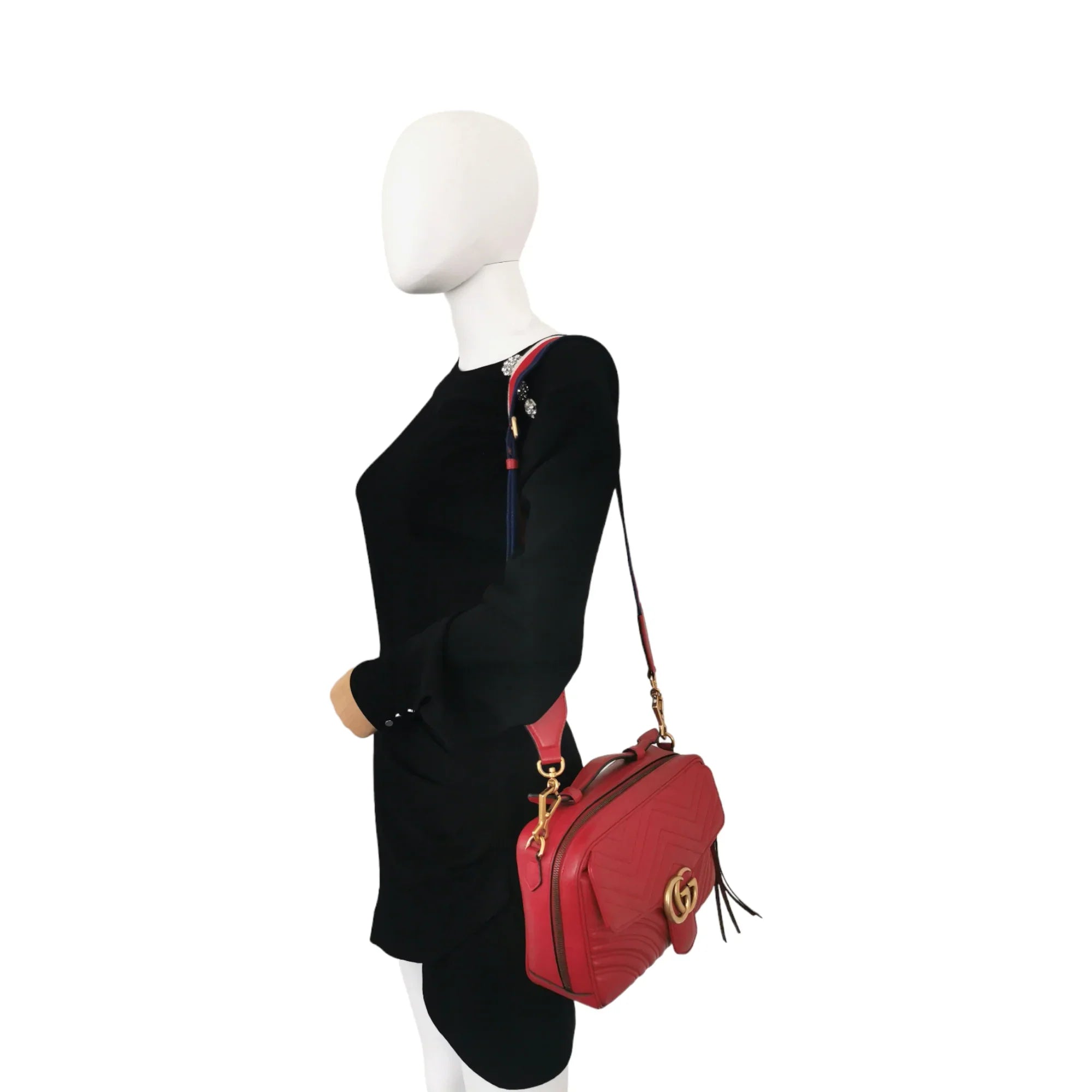 Ladies Gucci shoulder bags with a tassel decorationGucci Marmont Top Handle Small Red Calfskin