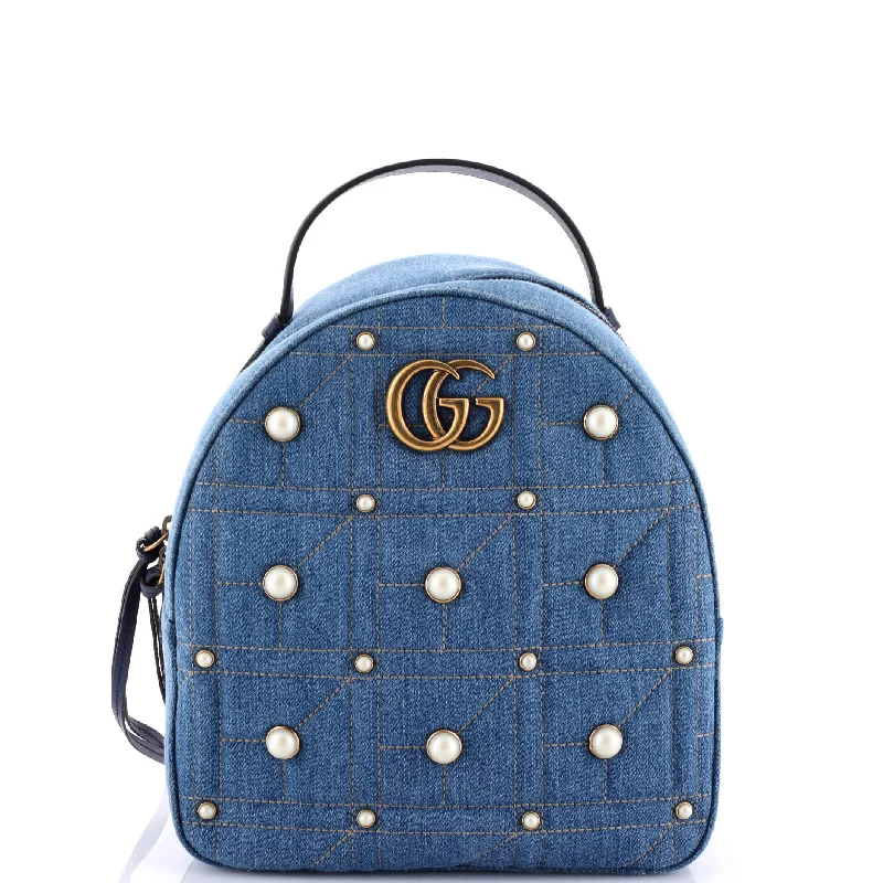 Women Gucci bags with a magnetic snap closure for easy accessPearly GG Marmont Backpack Embellished Matelasse Denim Small