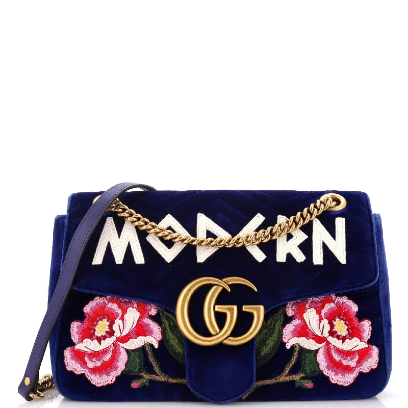 Women Gucci bags with a front - zip pocket for small itemsGG Marmont Flap Bag Embroidered Matelasse Velvet Medium