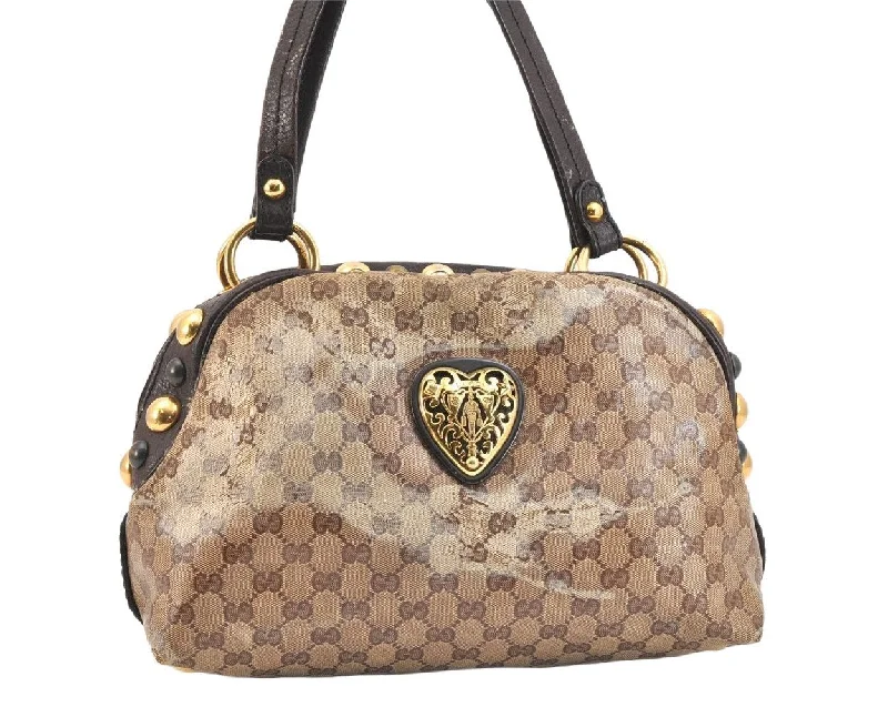 Women Gucci Sylvie bags with a leather - wrapped handleAuthentic GUCCI GG Crystal Heart Crest Hand Boston Bag PVC Leather Brown 6827K