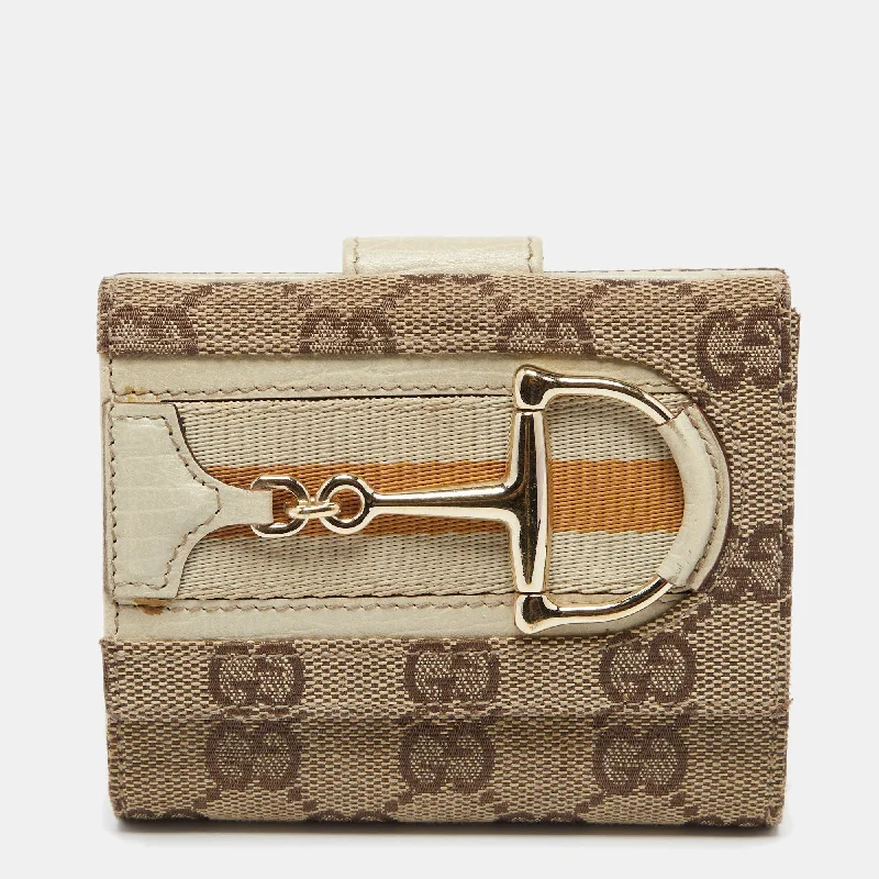 Women Gucci bags with a detachable mirror insideGucci Beige GG Canvas and Leather Web Horsebit Compact Wallet