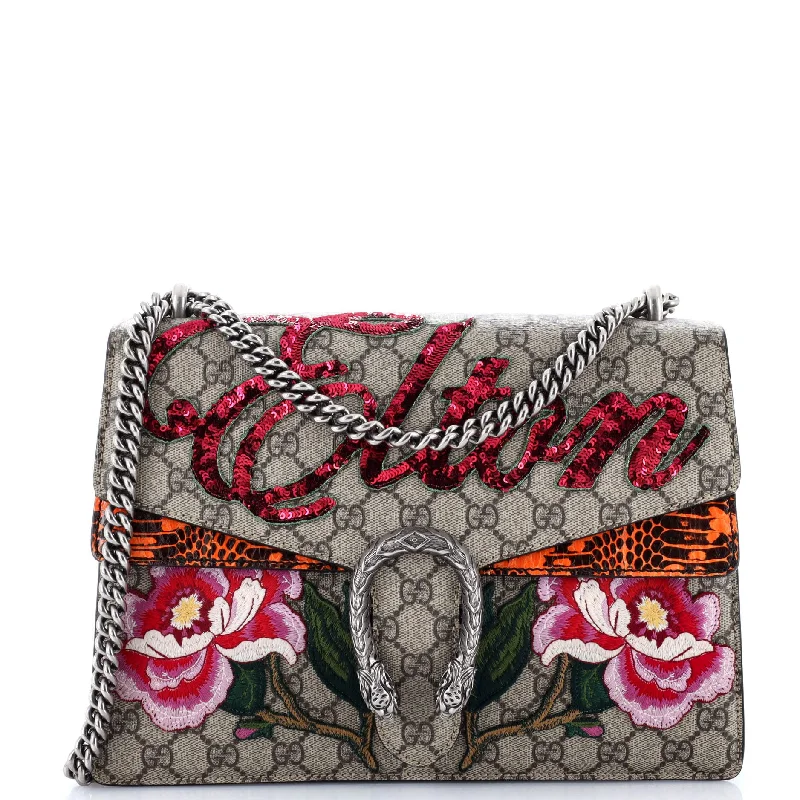 Ladies Gucci shoulder bags with a magnetic - closure flapDionysus Bag Embroidered GG Coated Canvas with Python Medium