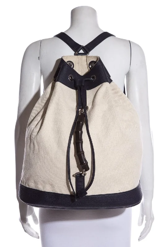 Ladies Gucci shoulder bags with a magnetic - closure flapGucci Canvas & Navy Bamboo Detail Bucket Backpack