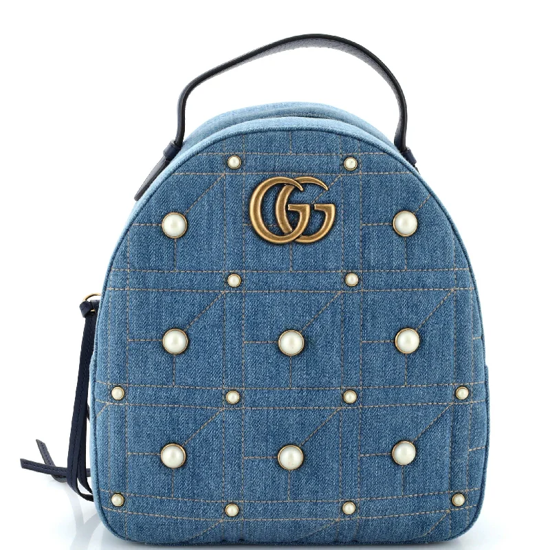 Gucci Marmont bags for women with a contrast - colored interiorPearly GG Marmont Backpack Embellished Matelasse Denim Small