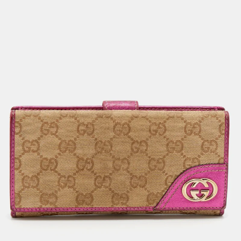 Women Gucci bags with a detachable mirror insideGucci Beige/Pink GG Canvas and Leather Britt Continental Wallet