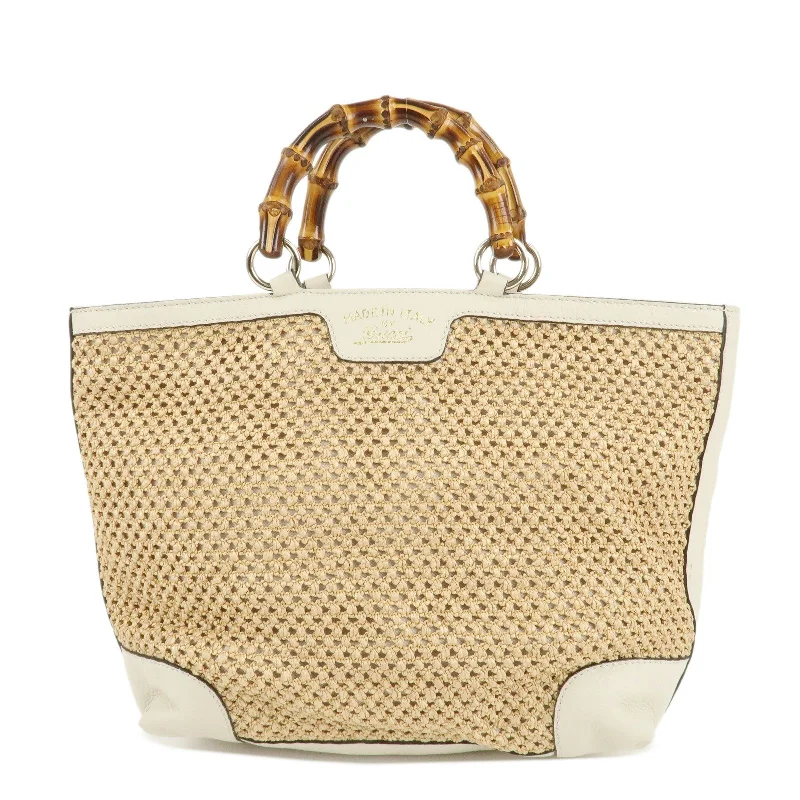 Women Gucci backpacks with a luxurious leather finishGUCCI Bamboo Raffia Leather Hand Bag Tote Bag Beige 338965