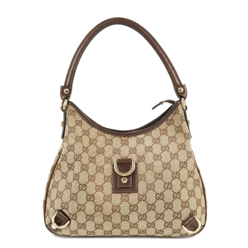 Women Gucci bags with a front - zip pocket for small itemsGUCCI Abbey GG Canvas Leather Shoulder Bag Beige Brown 130738