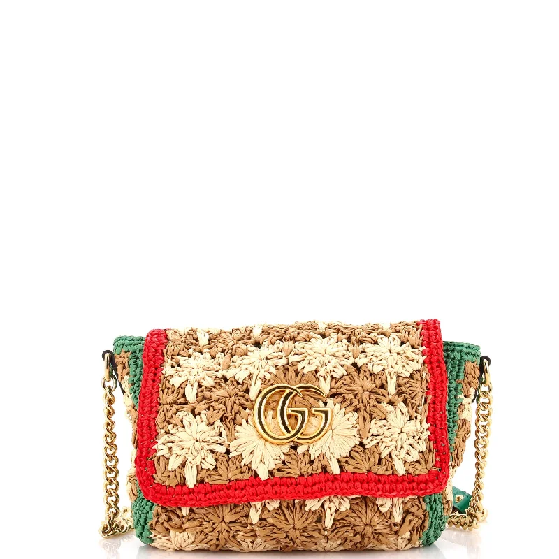 Women Gucci bags with a zip - around closure for securityGG Marmont Flap Bag Raffia Small