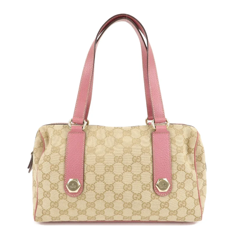 Women Gucci crossbody bags with a keychain holderGUCCI GG Canvas Leather Mini Boston Bag Beige Pink 152457