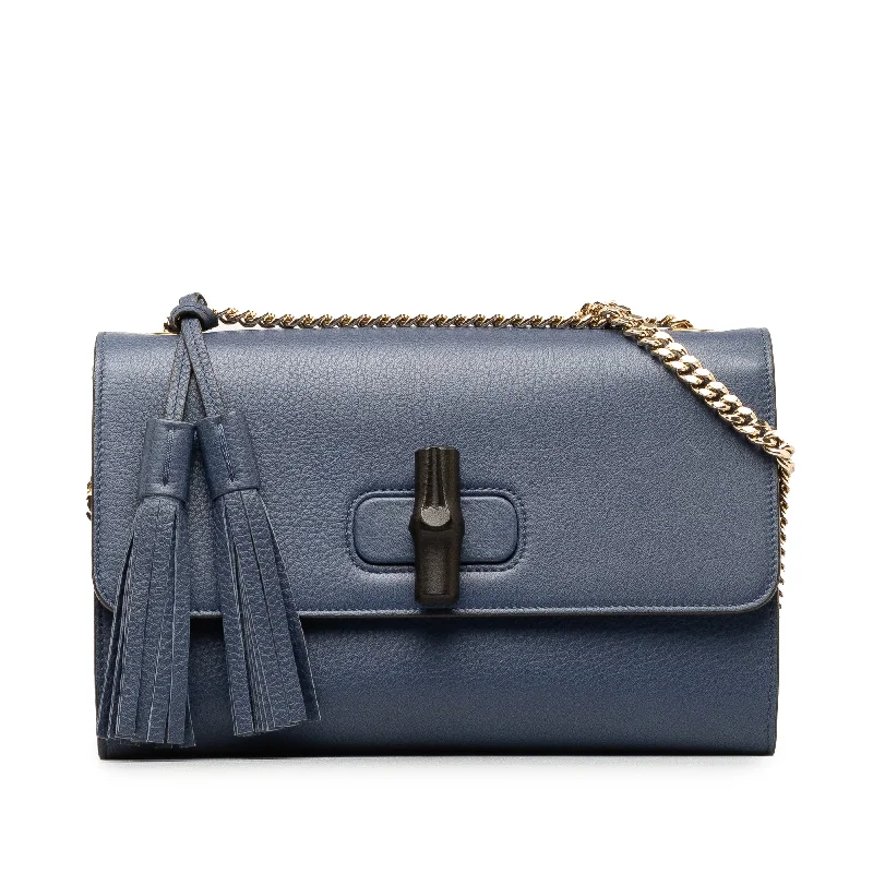 Ladies Gucci shoulder bags with a magnetic - closure flapBlue Gucci Medium Miss Bamboo Leather Crossbody