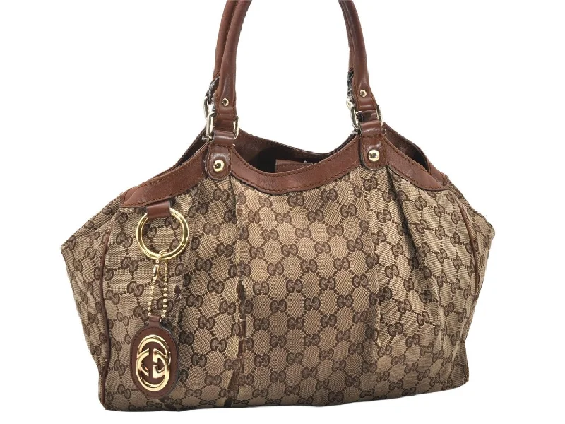 Women Gucci bags with a snap - button closure and a decorative charmAuthentic GUCCI Sukey Shoulder Tote Bag GG Canvas Leather 211944 Brown 6730K