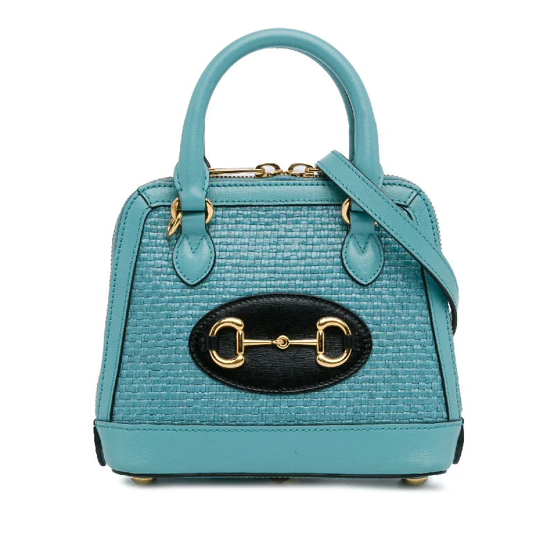 Gucci backpacks for women with a sleek silhouetteBlue Gucci Mini Raffia Horsebit 1955 Top Handle Bag Satchel