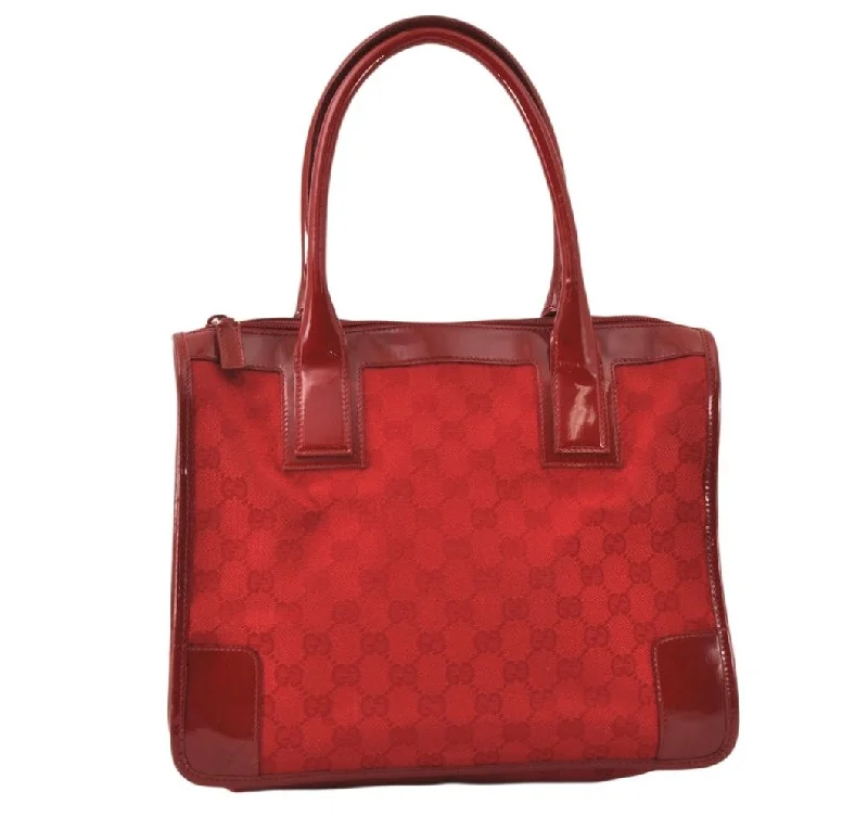 Women Gucci bags with a chain - link trim and a leather bodyAuthentic GUCCI Vintage Shoulder Hand Bag GG Canvas Enamel 0000855 Red 6656K