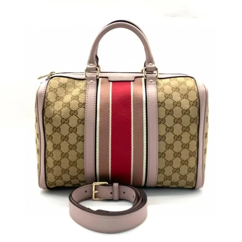 Ladies Gucci Dionysus bags with a detachable shoulder strapGucci Beige Stripe Canvas Pink Leather Two-Way Boston Bag Medium