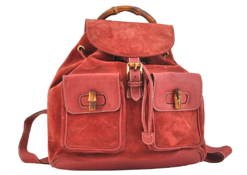 Women Gucci bags with a zip - around closure for securityAuthentic GUCCI Vintage Bamboo Drawstring Backpack Suede Leather Red 6822K