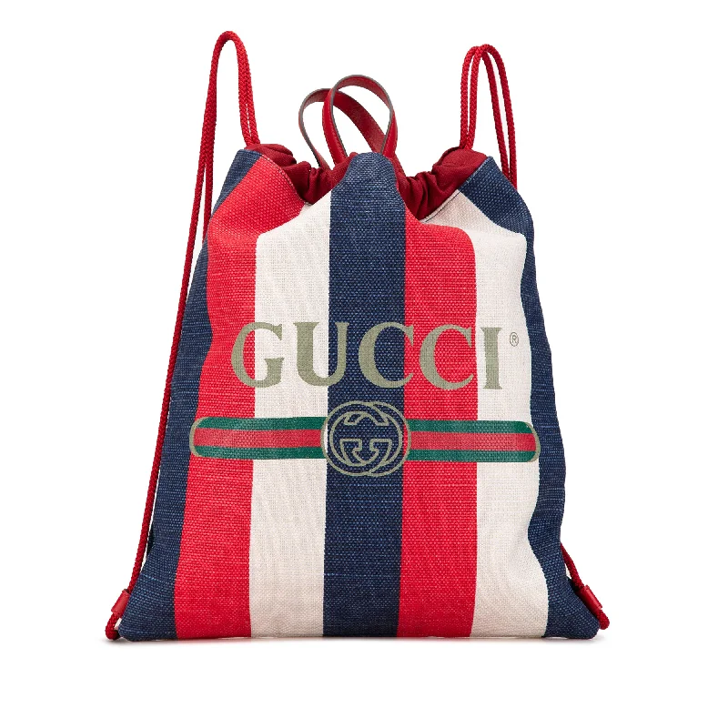 Women Gucci bags with a chain - link trim and a leather bodyRed Gucci Canvas Sylvie Stripe Logo Drawstring Backpack