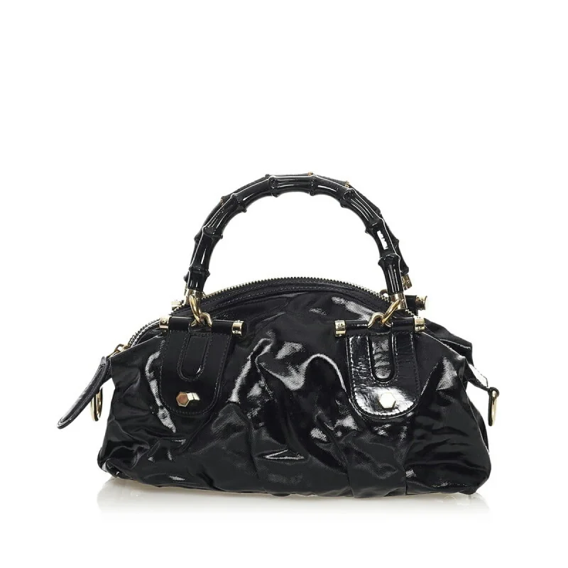 Women Gucci crossbody bags with a keychain holderGucci Bamboo Handbag Shoulder Bag 2way 189869 Black PVC Leather Ladies