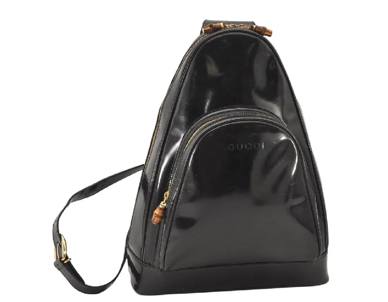 Women Gucci bags with a zippered interior pocketAuthentic GUCCI Vintage Bamboo Shoulder Cross Bag Purse Enamel Black Junk 6731K