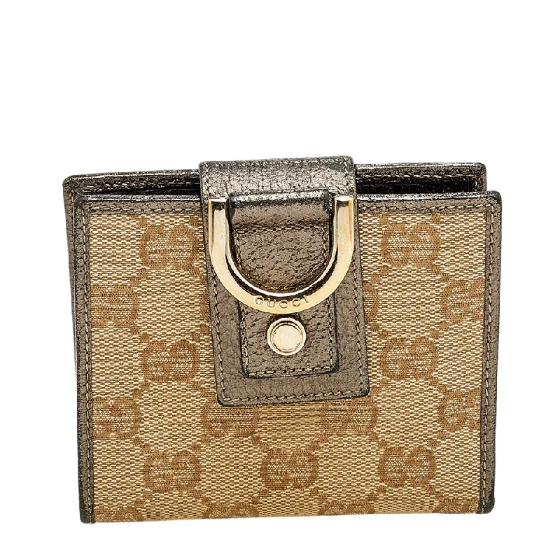 Women Gucci bags with a detachable mobile phone holderGucci Beige/Pewter GG Canvas and Leather D Ring Compact Wallet