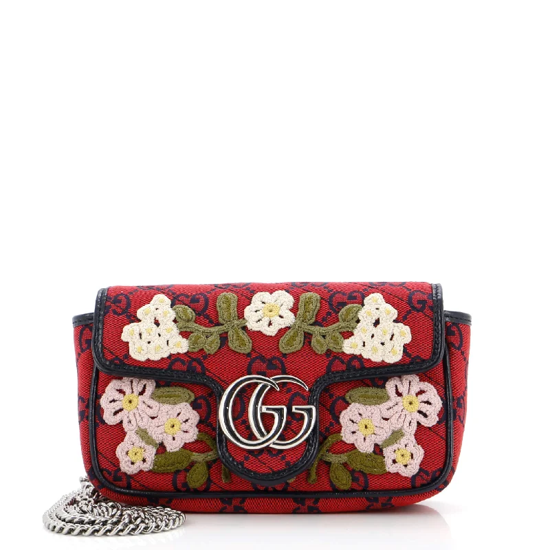 Ladies Gucci shoulder bags with a magnetic - closure flapGG Marmont Flap Bag Embroidered Diagonal Quilted GG Canvas Super Mini