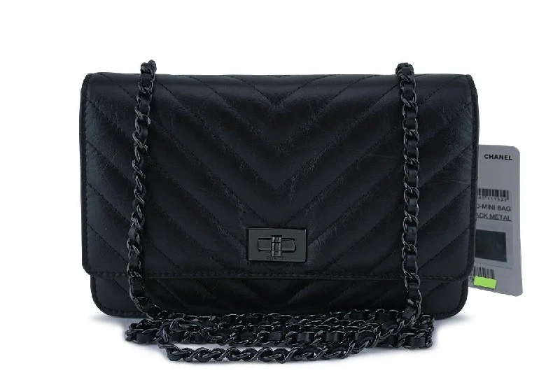 Chanel bags with iconic gold chainsNWT Chanel So Black Chevron Reissue Wallet on Chain WOC Flap Bag