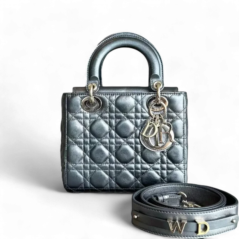 Christian Dior bags with a detachable coin purse inside*ABC Strap* Dior Lady Small MyABC Cannage Calfskin Metallic Gunmetal Grey Golden Hardware