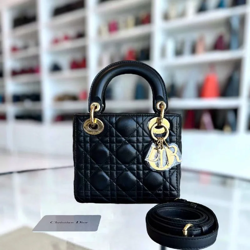 Christian Dior Saddle bags with a distressed leather finish*Adjustable Strap* Lady Mini Cannage Lambskin Black Golden Hardware