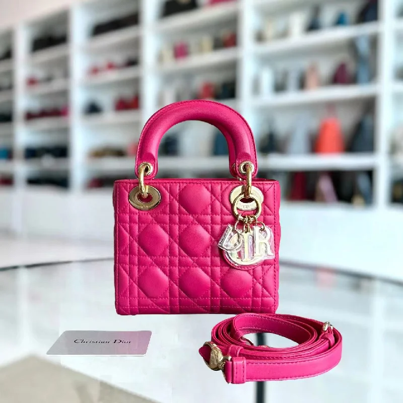 Contemporary Christian Dior handbags with a unique shape*Adjustable Strap* Lady Mini Cannage Lambskin Hot Pink Golden Hardware