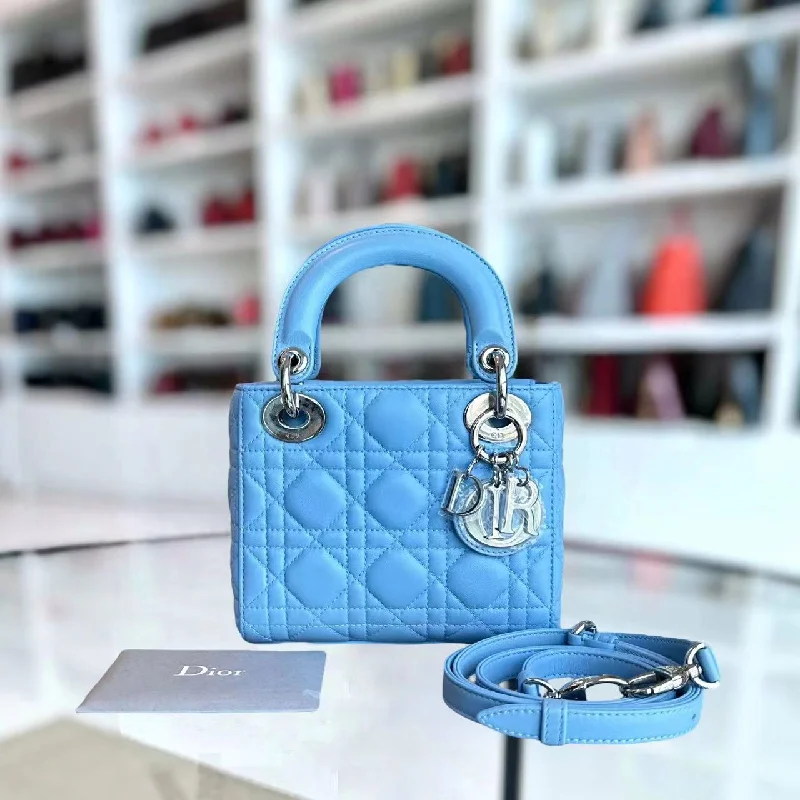 Christian Dior bags with a quilted pattern and gold - toned hardware*Adjustable Strap* Lady Mini Cannage Lambskin Sky Blue Silver Hardware