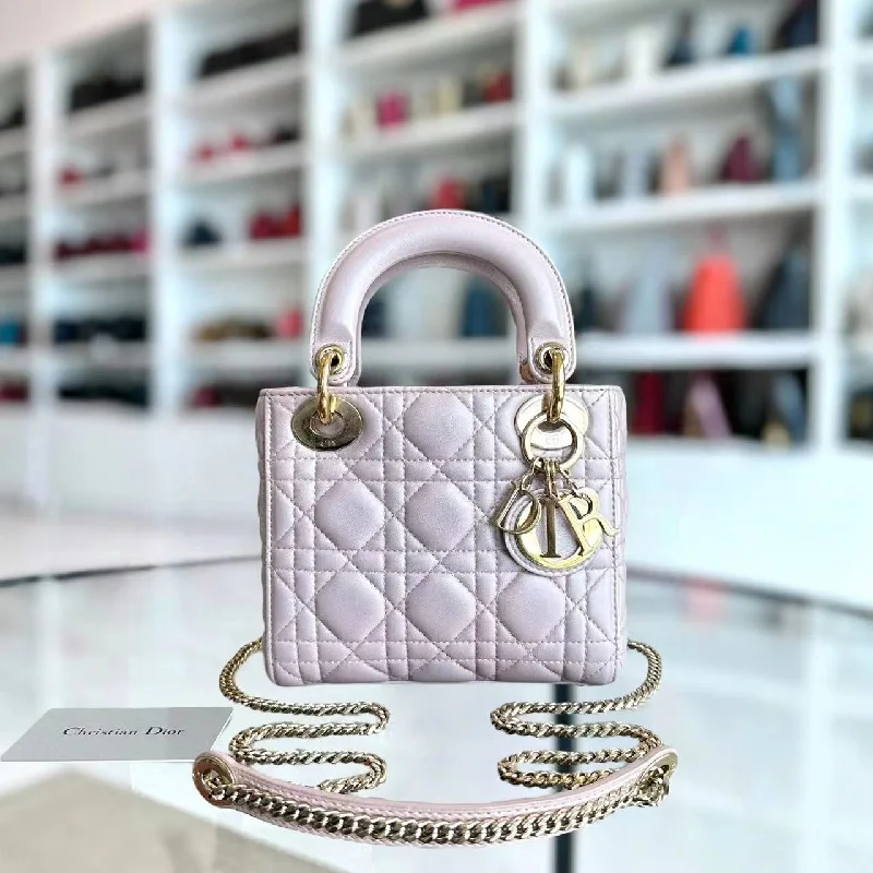 Christian Dior bags with a quilted pattern and gold - toned hardware*Chain Version* Lady Mini Cannage Lambskin Iridescent Sakura Pink Golden Hardware