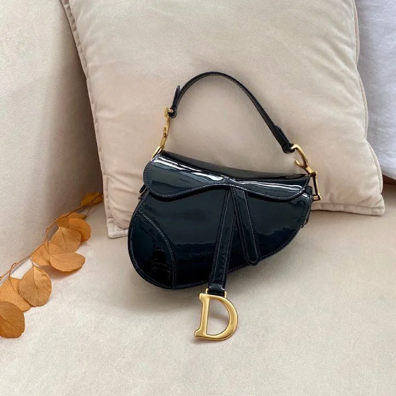 Christian Dior handbags with a removable shoulder strap for versatilityChristian Dior Saddle Bag Black Patent Gold Toned Hardware