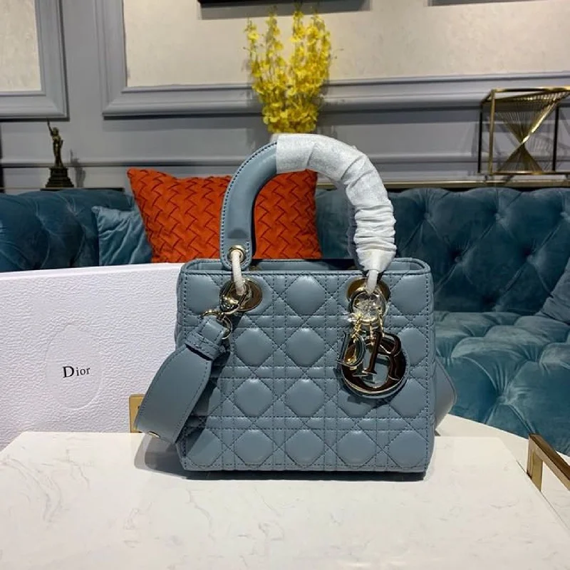 Christian Dior bags with a side - pocket for holding a water bottleChristian Dior Small Lady Bag Gold Toned Hardware Clound Blue