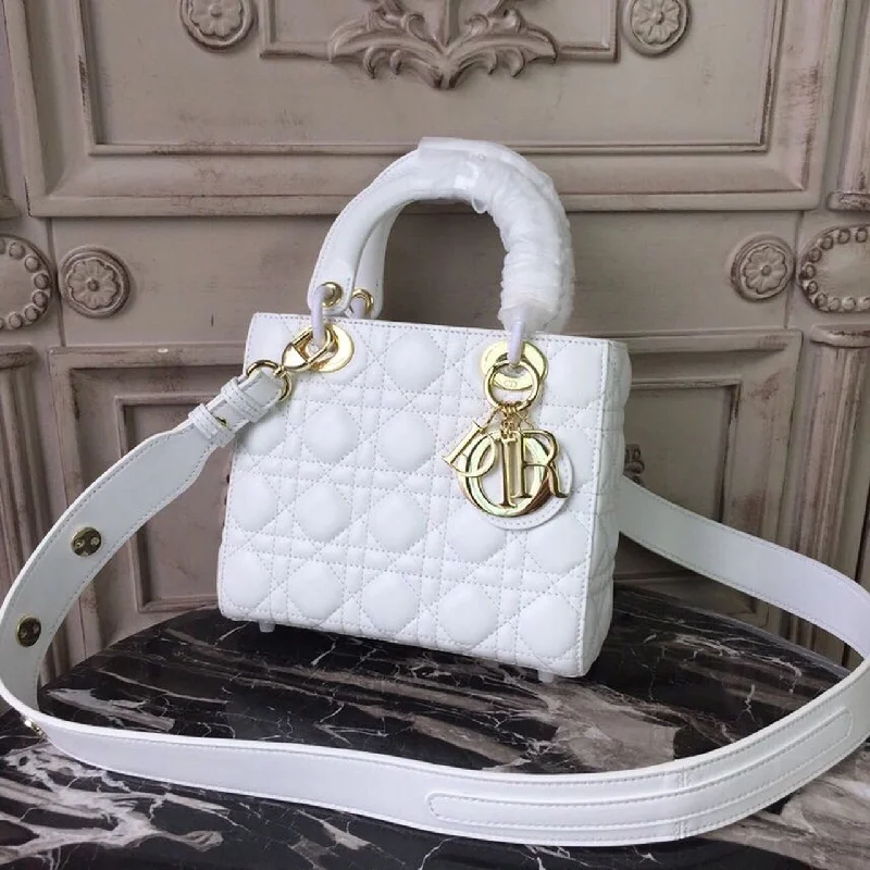 Christian Dior bags with a zip - top closure and multiple compartmentsChristian Dior Small Lady Bag Gold Toned Hardware White