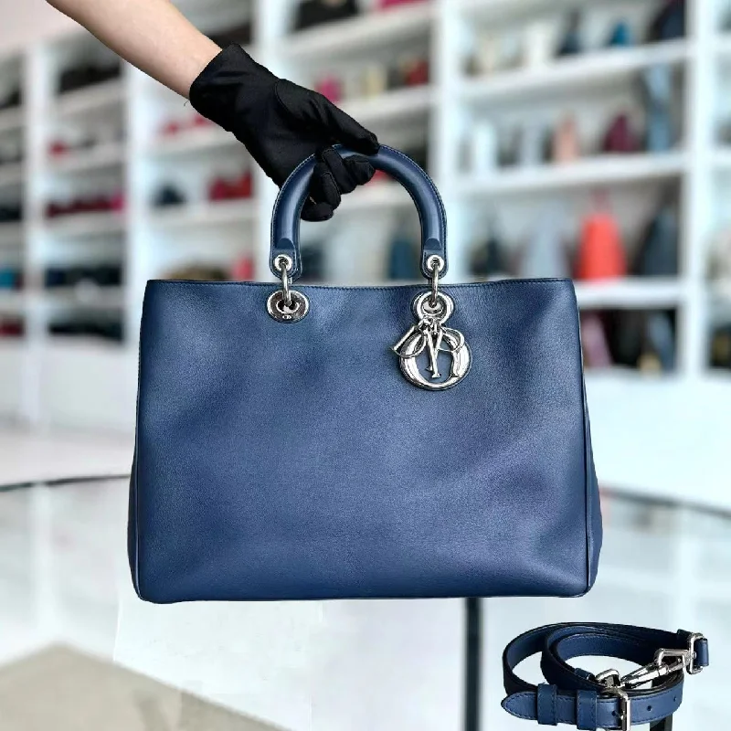 Christian Dior bags with a zip - top closure and multiple compartmentsDiorissimo Large 38CM Smooth Calfskin Dark Navy Blue Silver Hardware