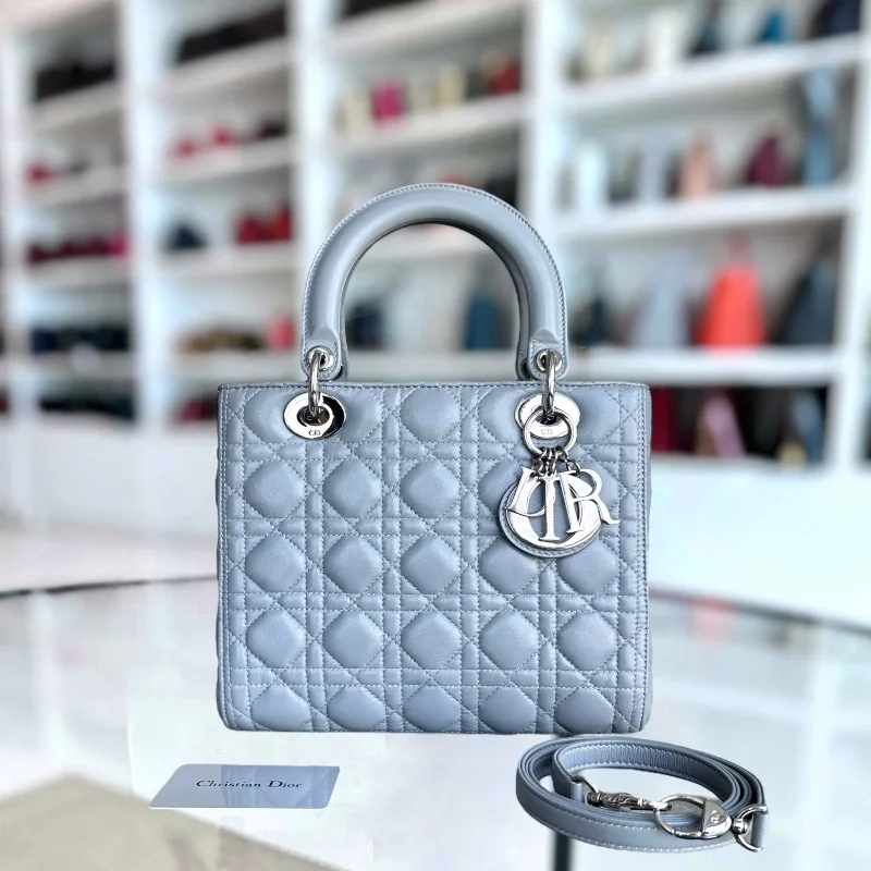 High - fashion Christian Dior bags with a geometric patternLady Medium Cannage Lambskin Grey Gray Silver Hardware