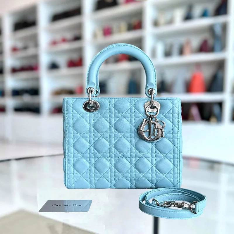 Christian Dior bags with a detachable coin purse insideLady Medium Cannage Lambskin Light Blue Silver Hardware