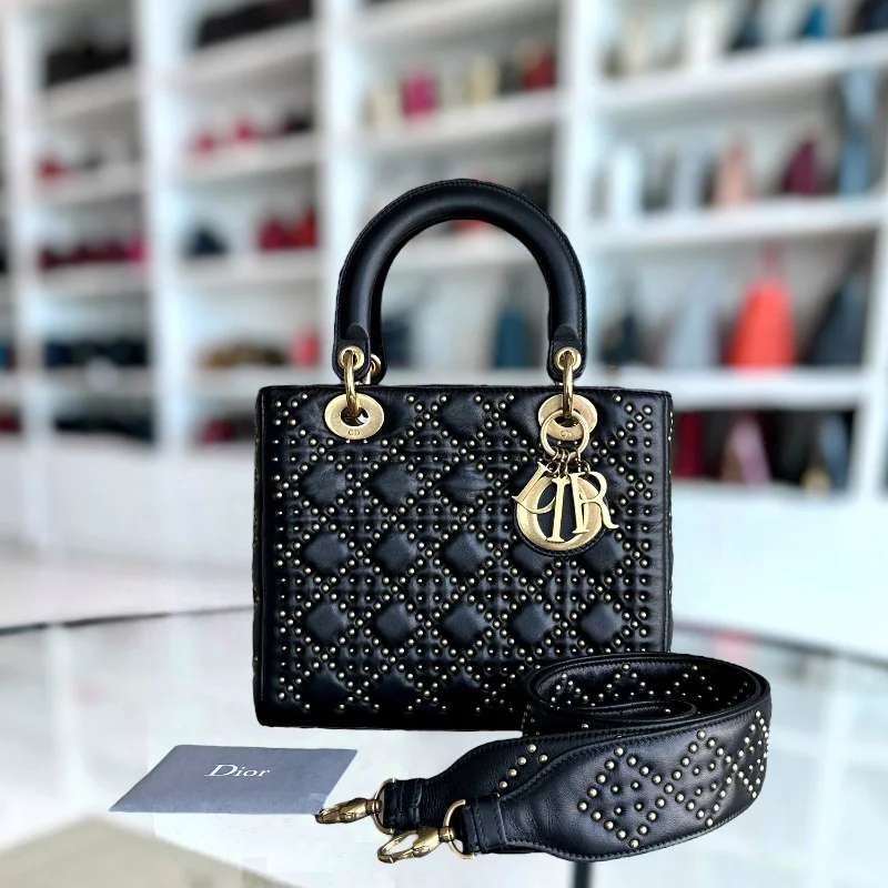 Christian Dior tote bags with a printed Dior logo on the frontLady Medium Studded Cannage Lambskin Black Golden Hardware