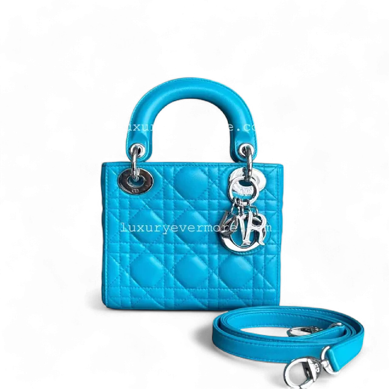 Christian Dior handbags with a removable shoulder strap for versatilityBalance of Lady Mini Cannage Lambskin Cyan Blue Silver Hardware