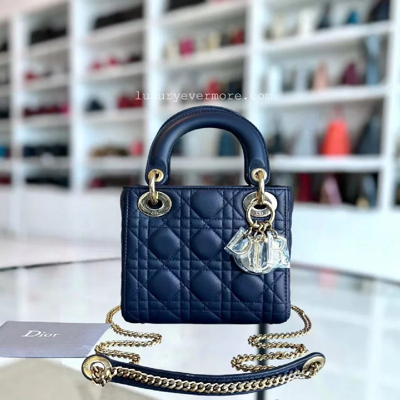 Christian Dior handbags with a removable shoulder strap for versatilityDEPOSIT of Lady Mini Lambskin Cannage Dark Blue Golden Hardware Chain Strap