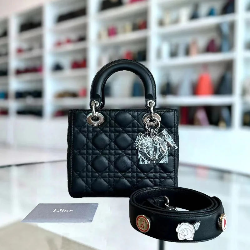 Christian Dior bags with a side - pocket for holding a water bottleLady Small Cannage Lambskin ABC MyABC Badge Strap Black Silver Hardware