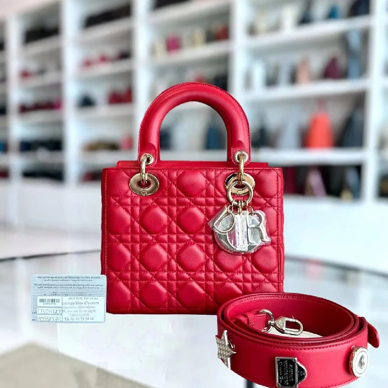 Christian Dior handbags with a removable shoulder strap for versatilityLady Small Cannage Lambskin Red Golden Hardware ABC MyABC Charm Badge