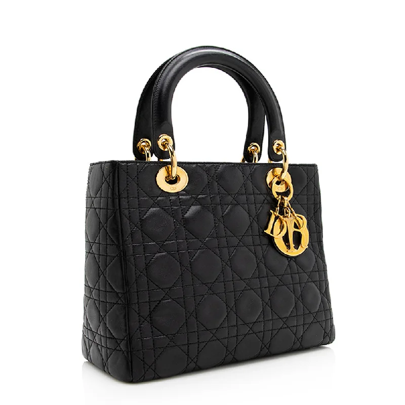 Christian Dior handbags with a snap - button closure and a decorative buckleDior Lambskin Lady Dior Medium Tote (SHF-20903)