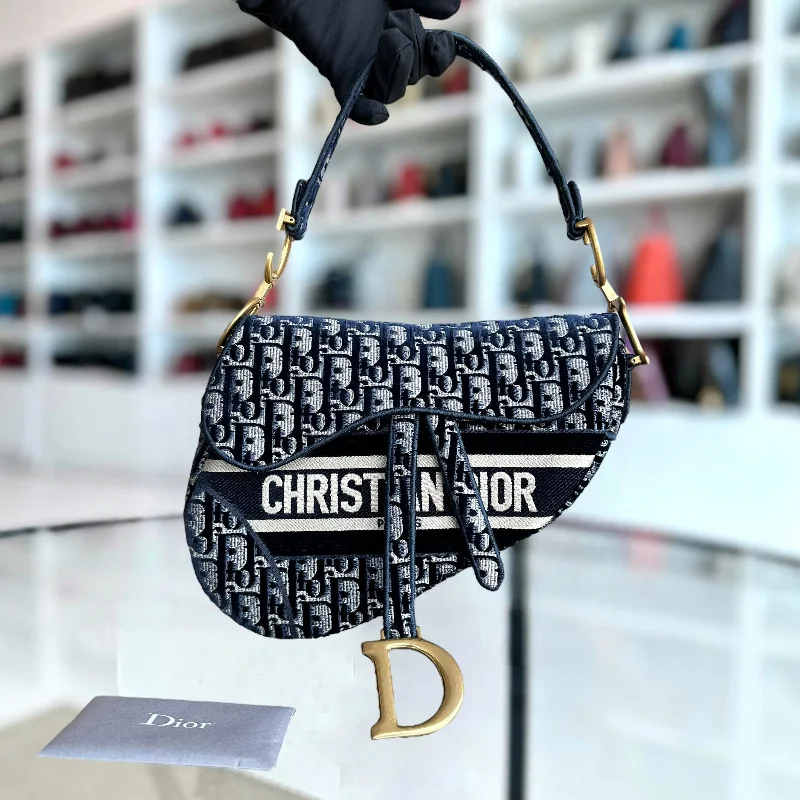 Christian Dior handbags with a back - pocket for quick storageMedium Saddle Oblique Canvas Dark Blue Golden Hardware